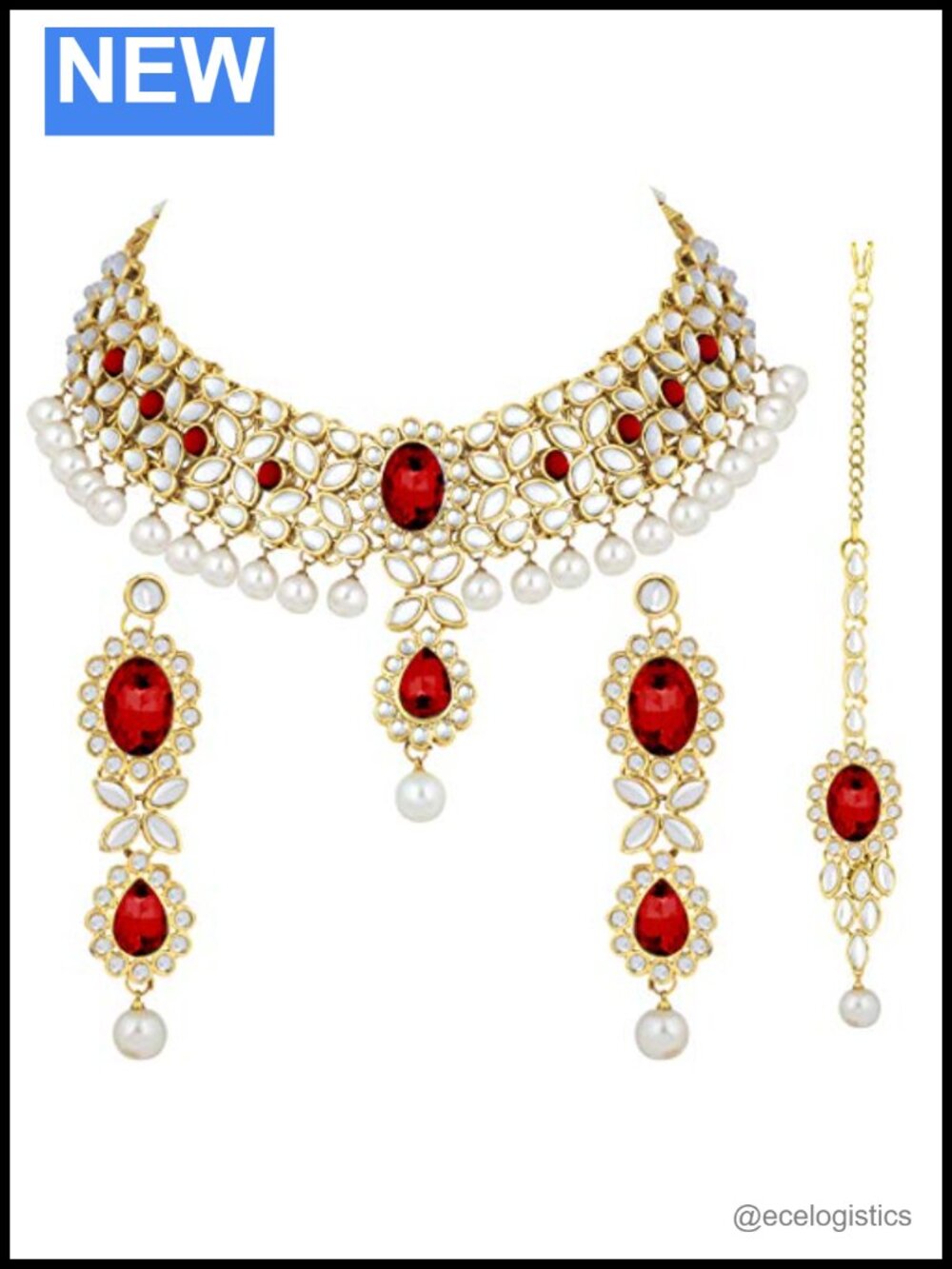 Aheli Indian Wedding Faux Kundan Pearl Necklace Set with Maang Tikka Ethnic